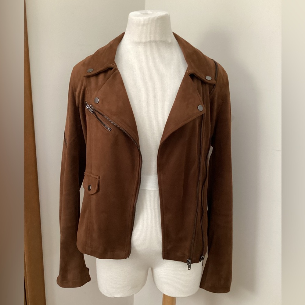 John + Jenn Faux Suede Moto Jacket Brown Lined M